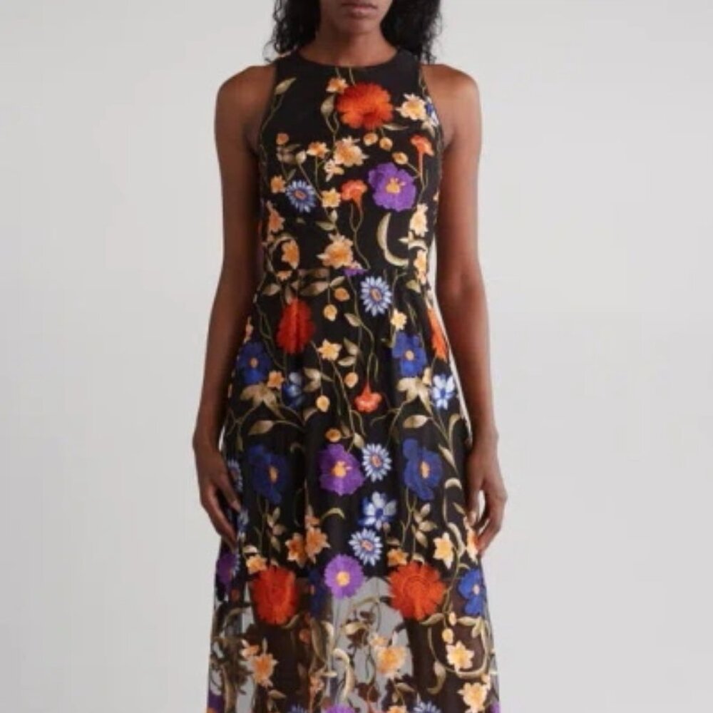 Milly Hannah Fall Foliage Embroidered Mesh Midi Dress in Black Multi